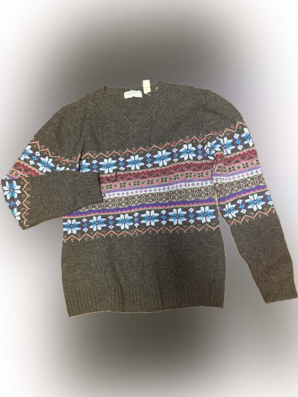 Old Navy WoMen's Brown Fair Isle Crewneck Sweater with Blue Accents | Sz XL